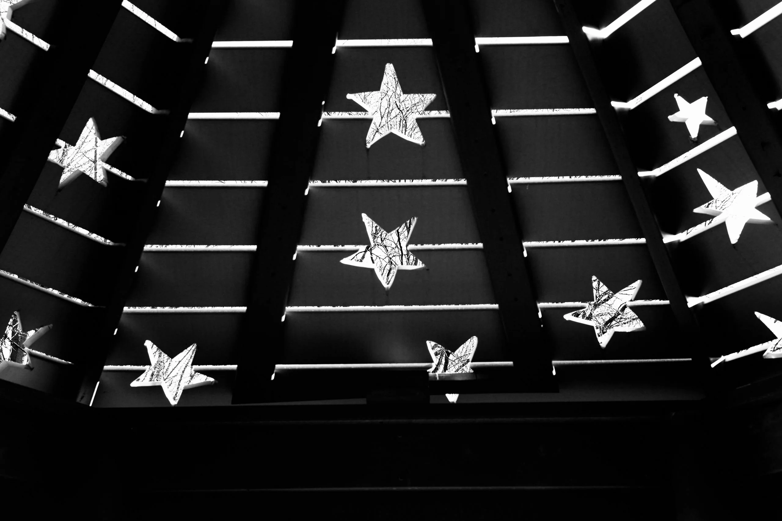 Brand & location — decorative stars on metal grid, high contrast monochrome
